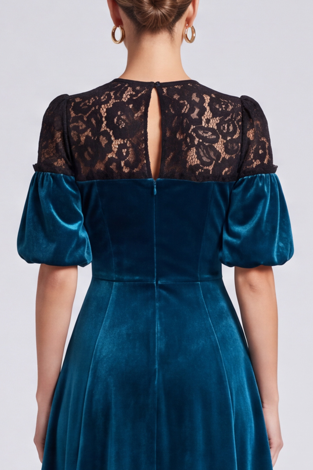 A Line Peacock Blue Velvet Keyhole Puff Sleeves Midi Evening Dress with Lace