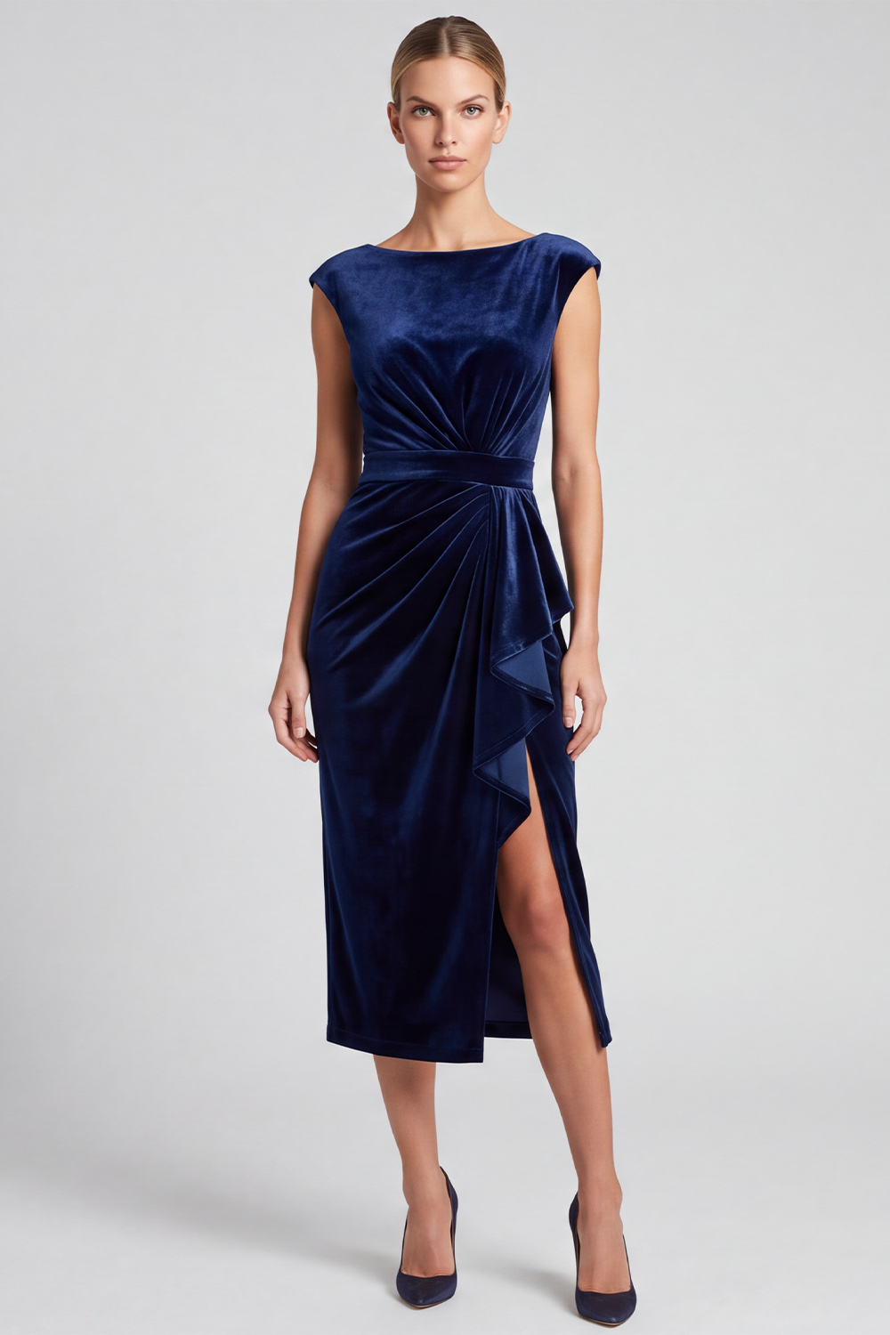 Velvet Navy Ruffled Ruched Sheath Boat Neck Midi Evening Dress with Slit