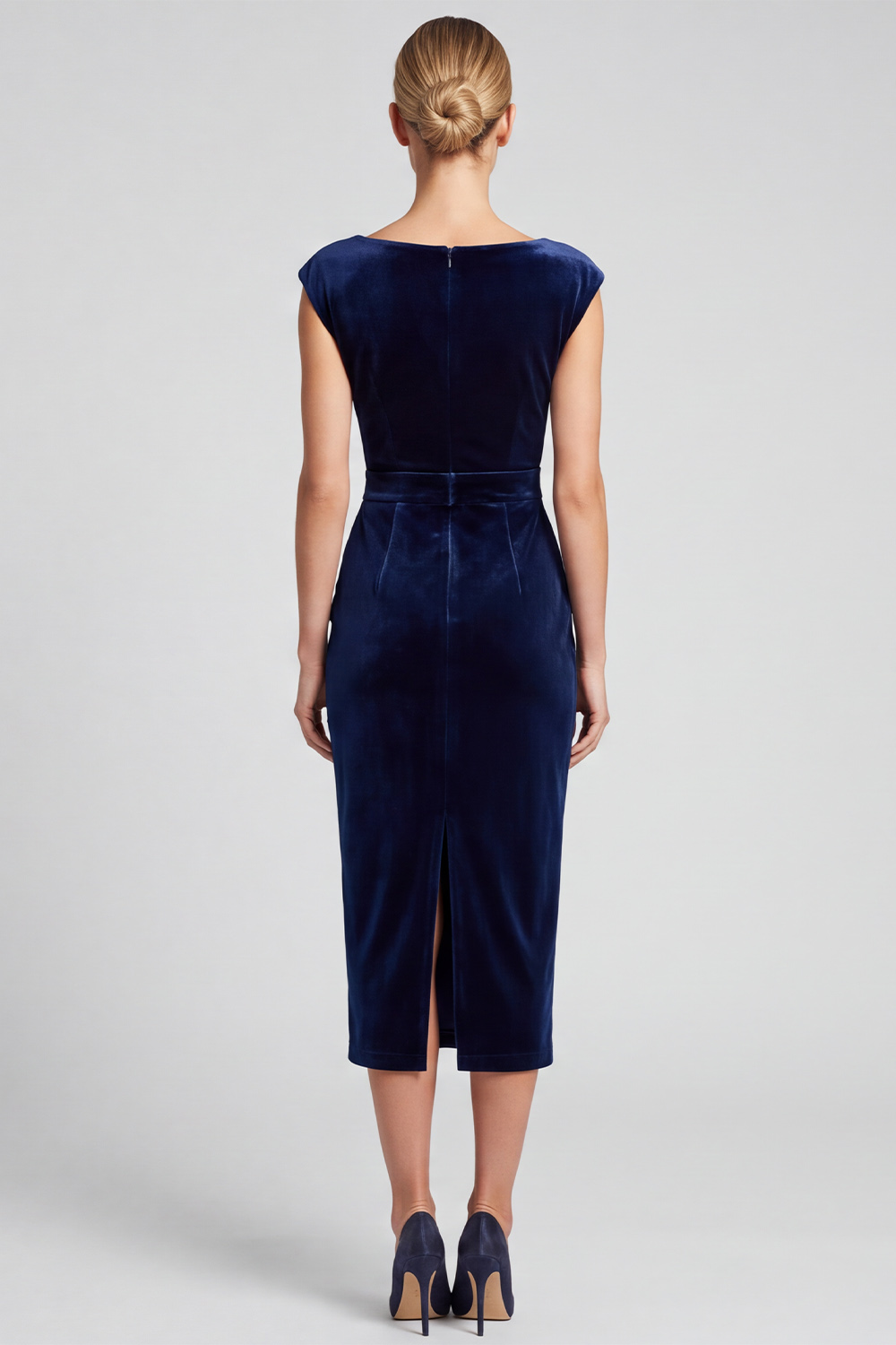 Velvet Navy Ruffled Ruched Sheath Boat Neck Midi Evening Dress with Slit