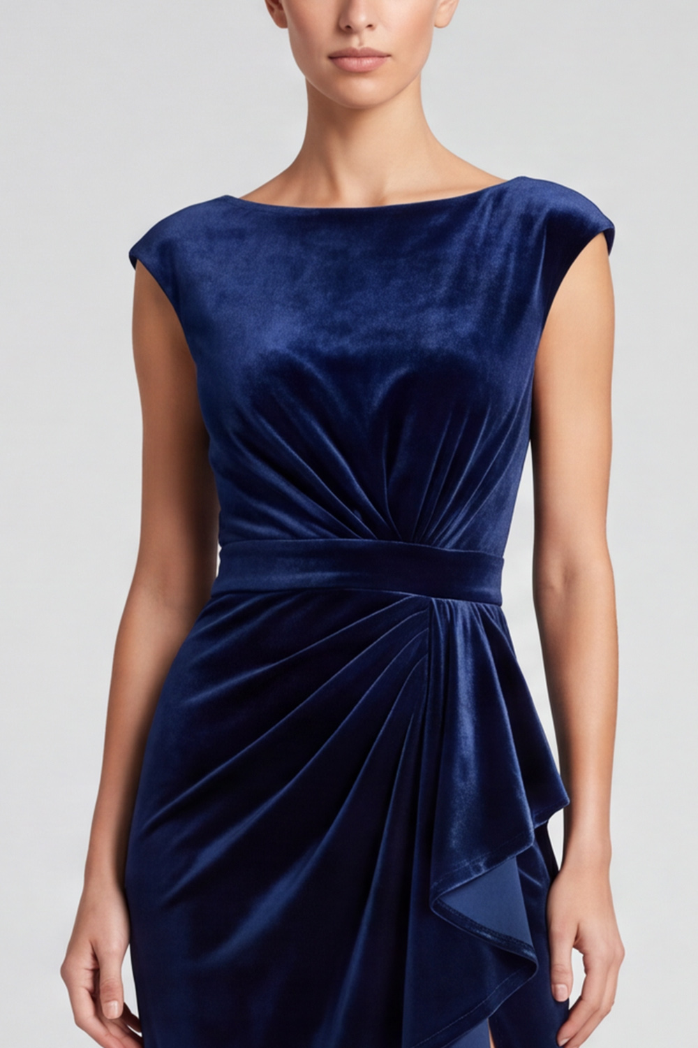 Velvet Navy Ruffled Ruched Sheath Boat Neck Midi Evening Dress with Slit