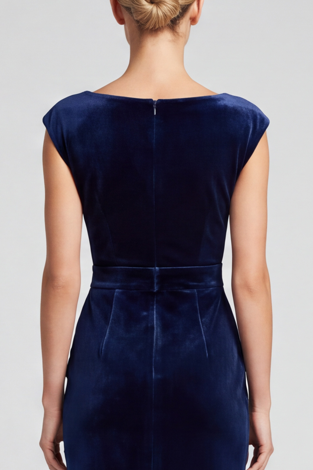 Velvet Navy Ruffled Ruched Sheath Boat Neck Midi Evening Dress with Slit