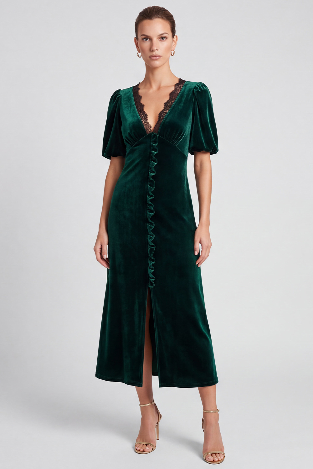 Ruffled Dark Green A Line Velvet V-Neck Puff Sleeves Midi Evening Dress with Lace