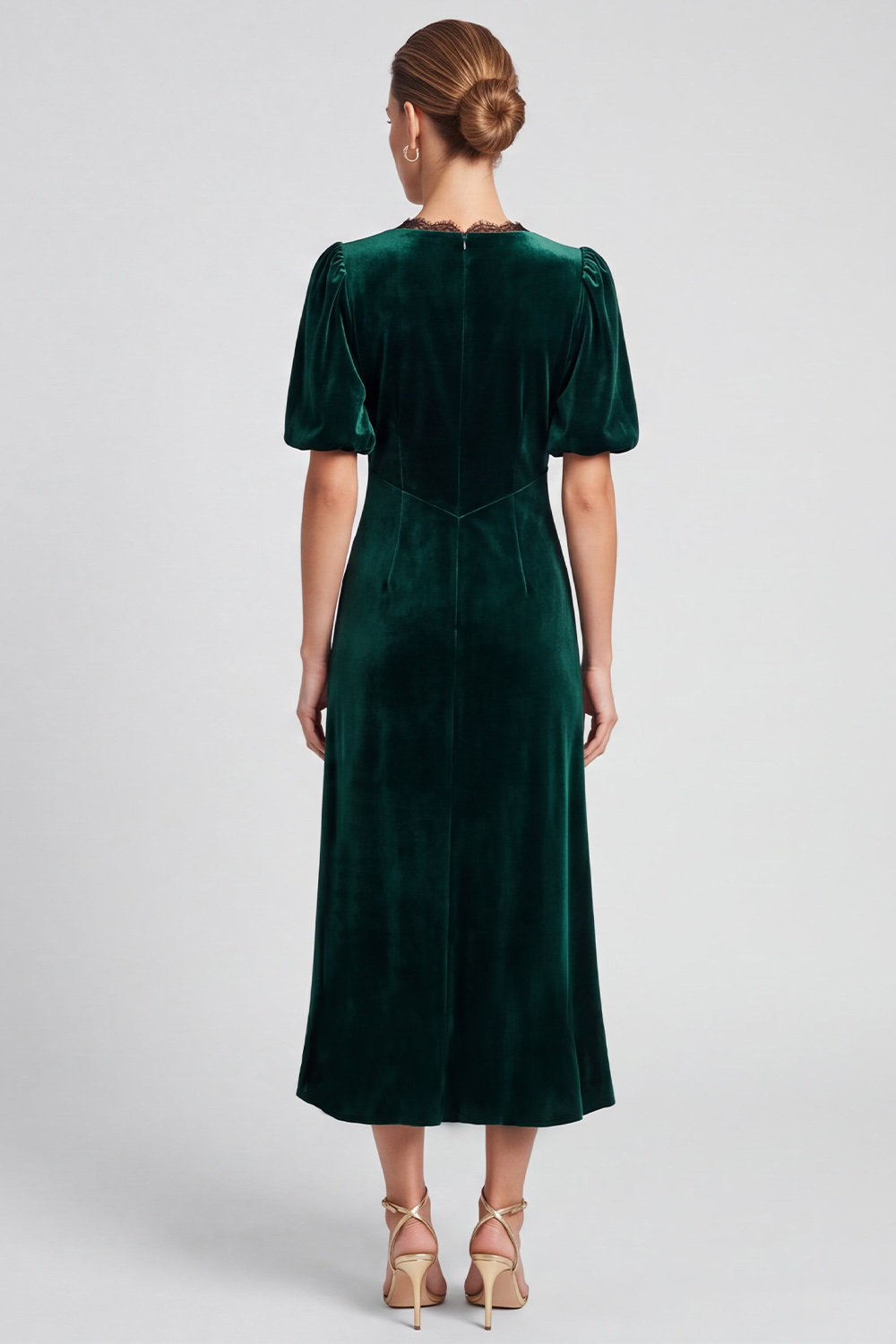 Ruffled Dark Green A Line Velvet V-Neck Puff Sleeves Midi Evening Dress with Lace