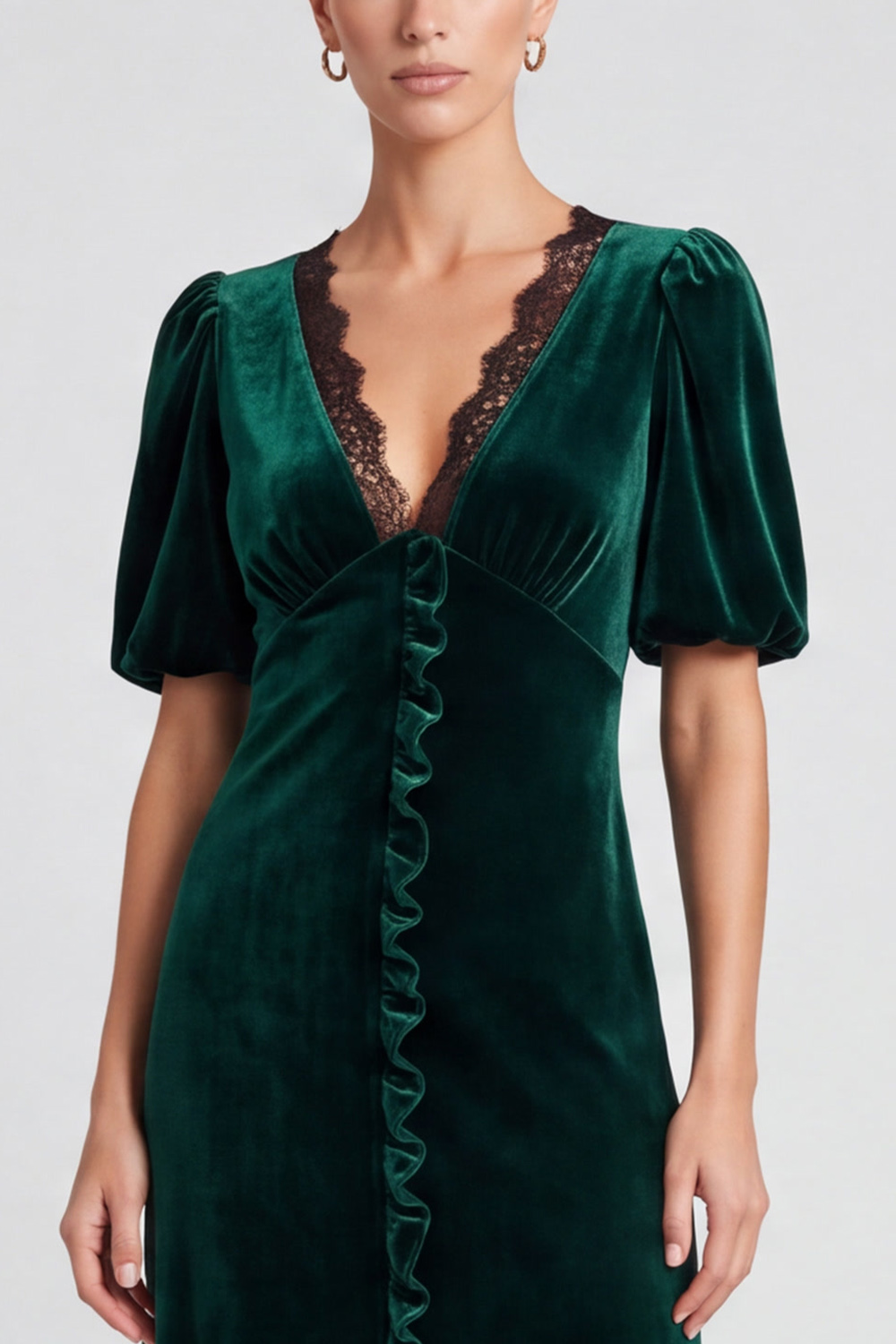 Ruffled Dark Green A Line Velvet V-Neck Puff Sleeves Midi Evening Dress with Lace