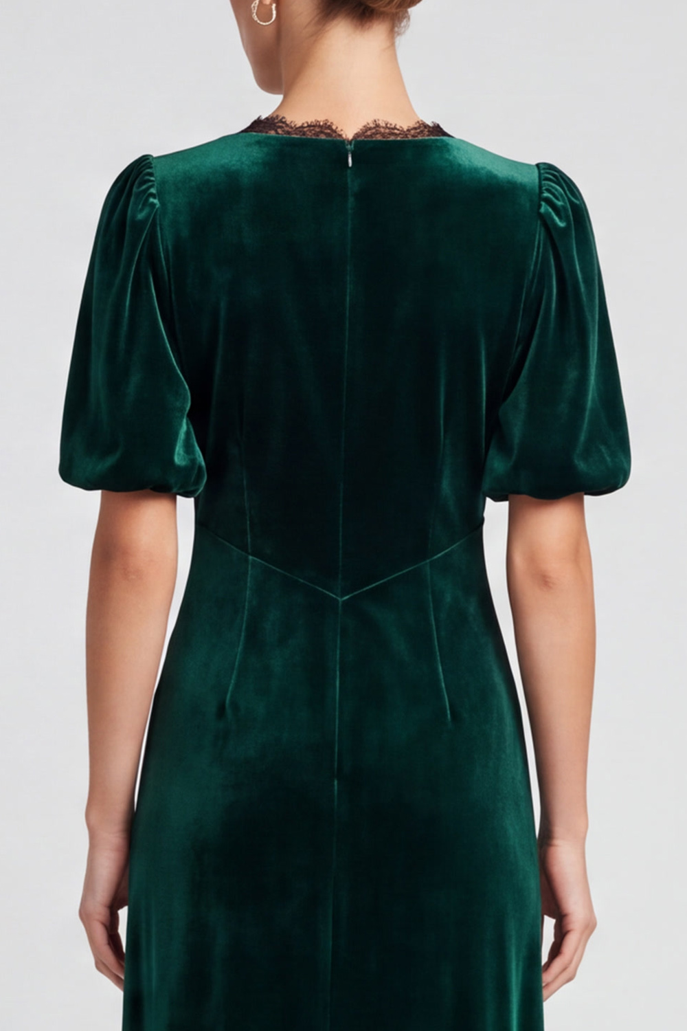 Ruffled Dark Green A Line Velvet V-Neck Puff Sleeves Midi Evening Dress with Lace