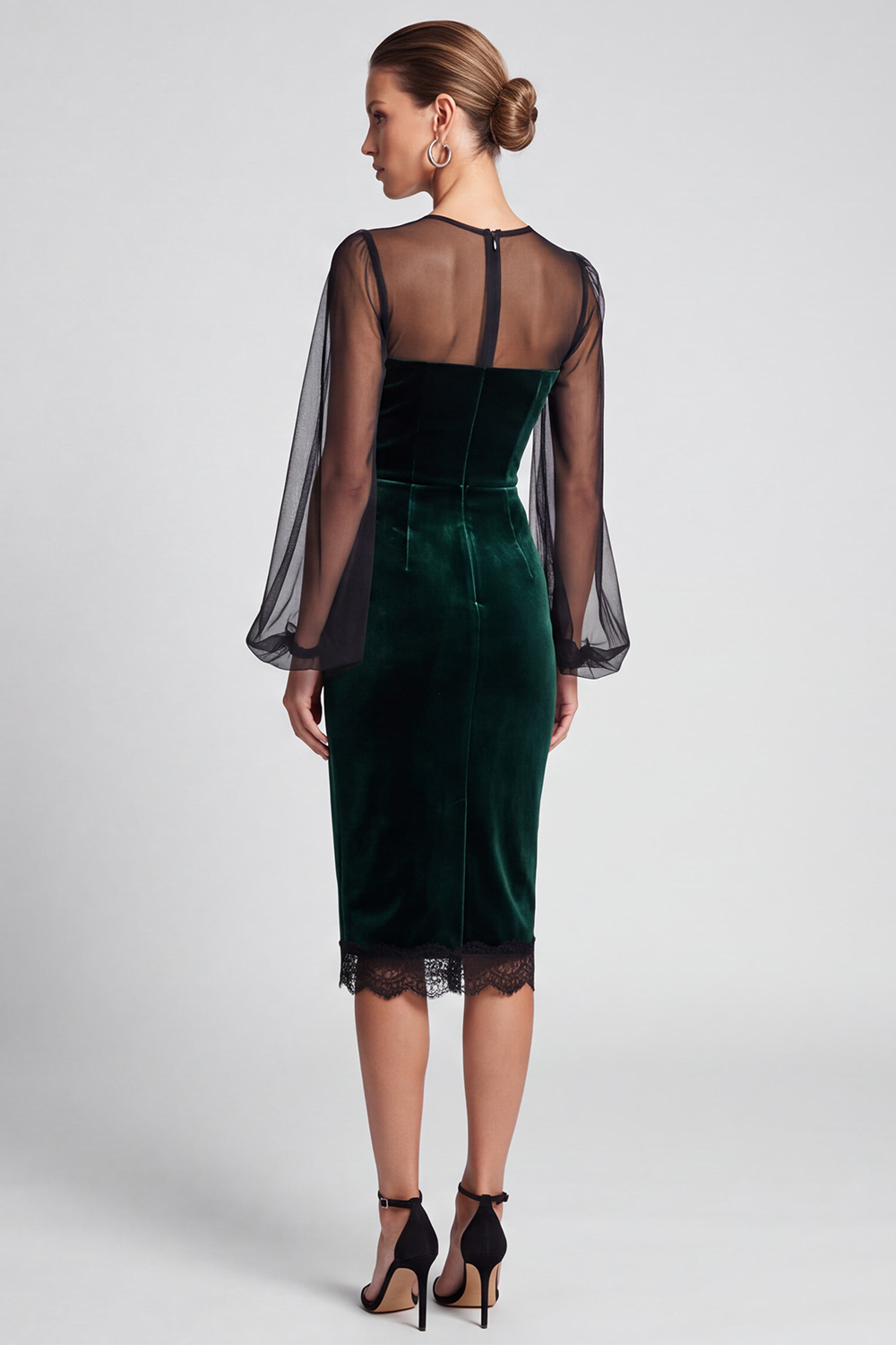 Bodycon Dark Green Illusion Neck Puff Sleeves Midi Evening Dress with Lace