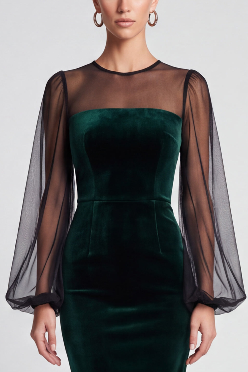 Bodycon Dark Green Illusion Neck Puff Sleeves Midi Evening Dress with Lace