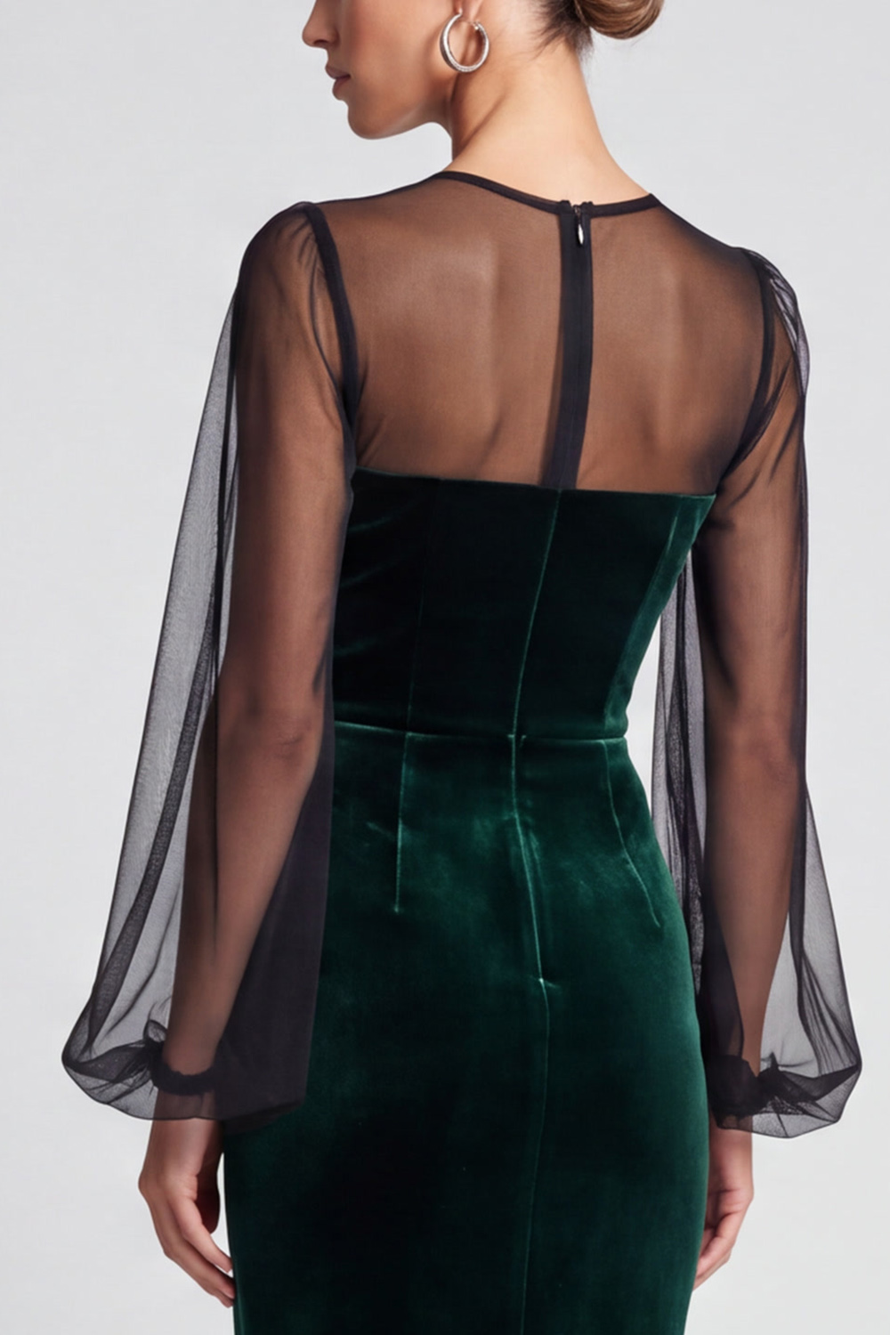 Bodycon Dark Green Illusion Neck Puff Sleeves Midi Evening Dress with Lace