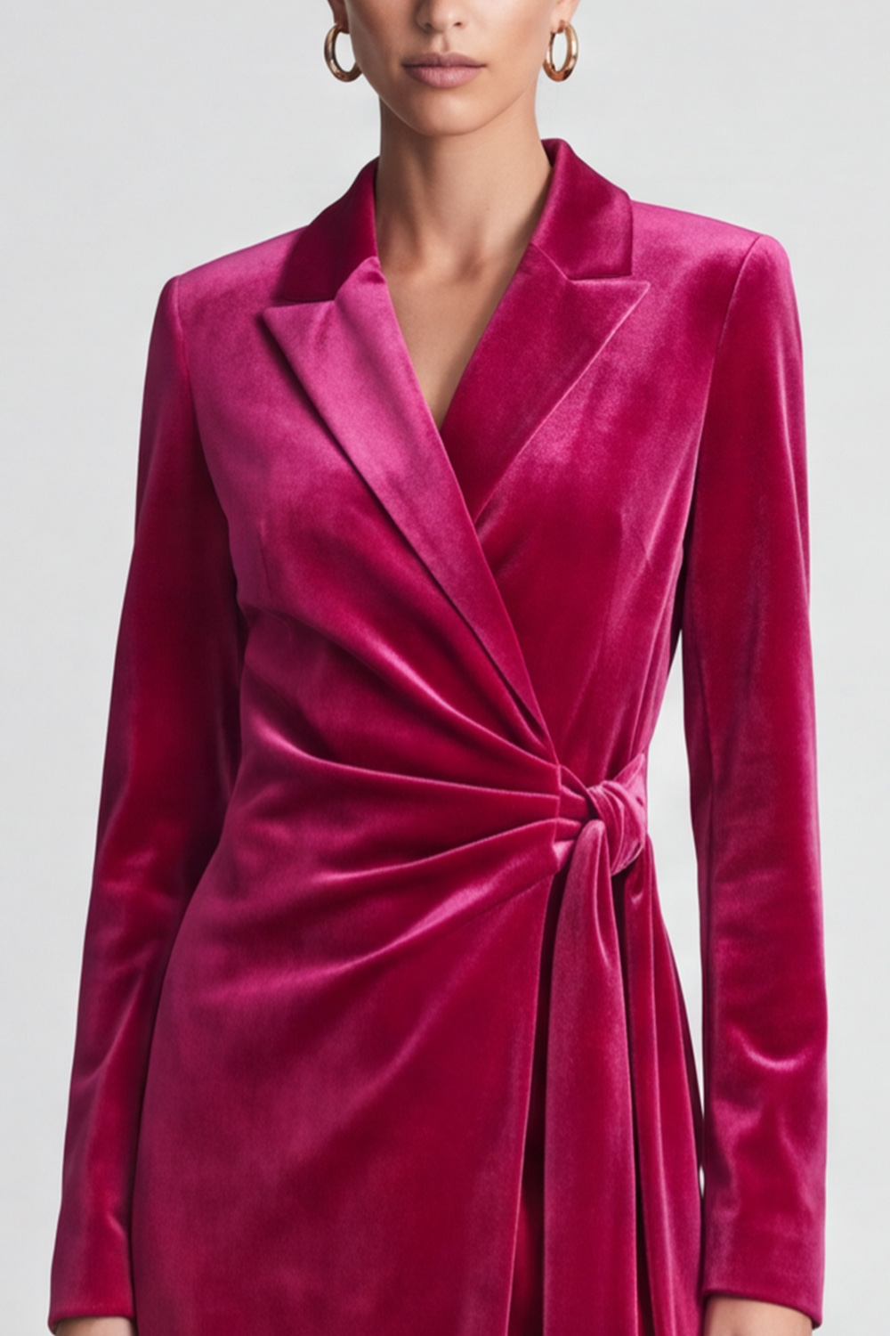 Velvet Fuchsia Tight Ruched Peak Lapel Short Work Dress with Sash