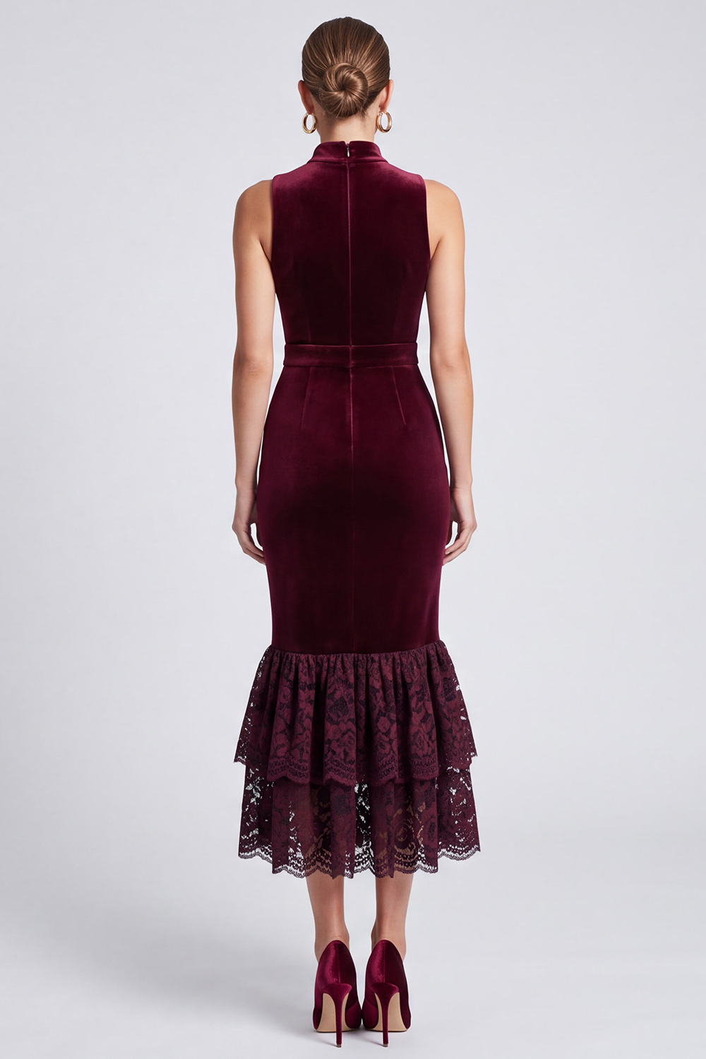Mermaid Burgundy Velvet Ruffled Tiered High Neck Midi Work Dress with Lace
