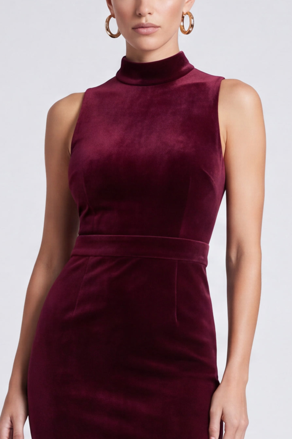 Mermaid Burgundy Velvet Ruffled Tiered High Neck Midi Work Dress with Lace
