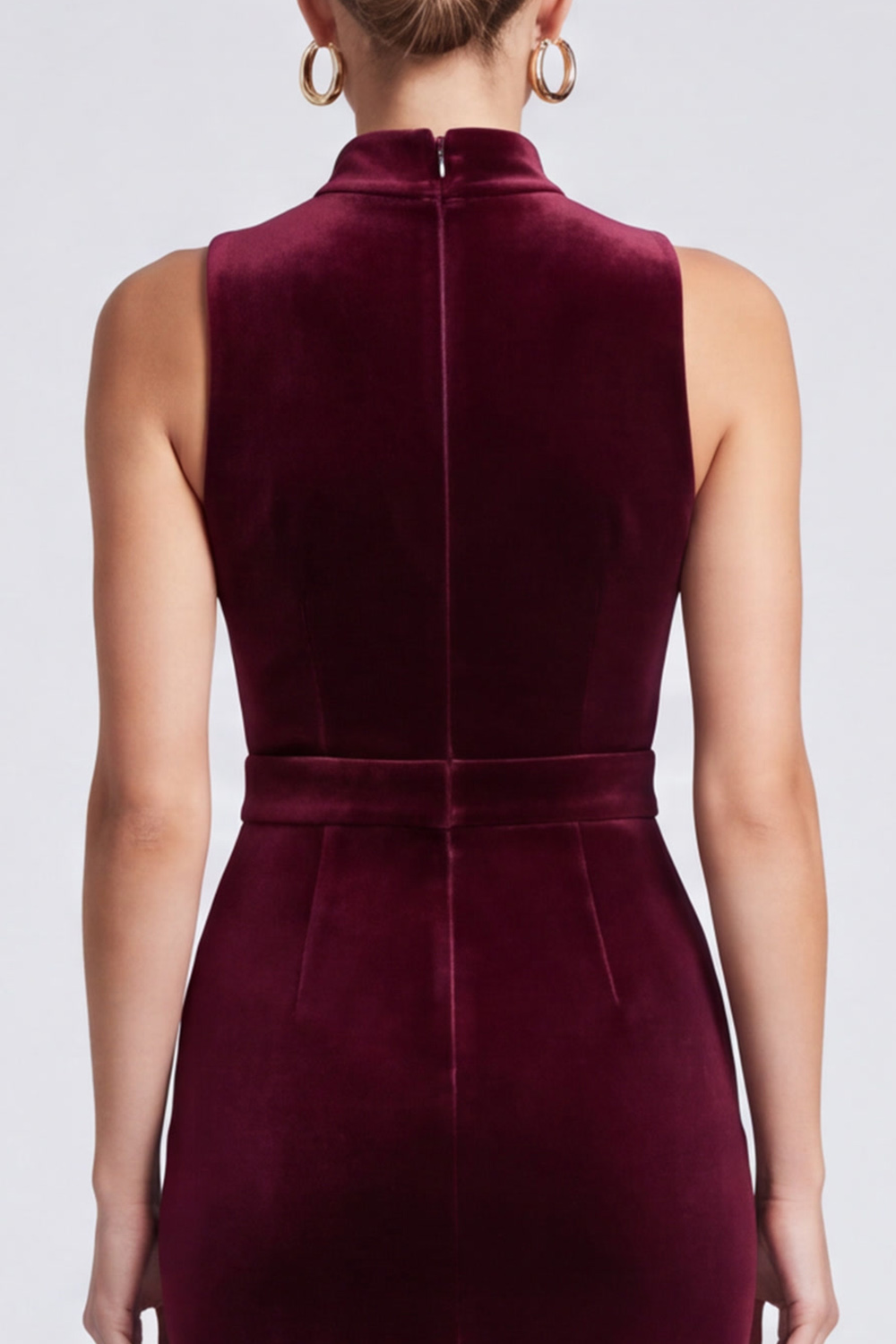 Mermaid Burgundy Velvet Ruffled Tiered High Neck Midi Work Dress with Lace