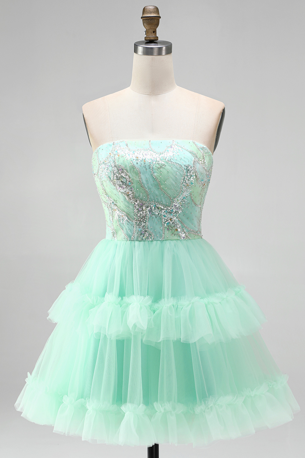 Mint Green Sparkly Sequin Strapless Ruffled Short Homecoming Dress