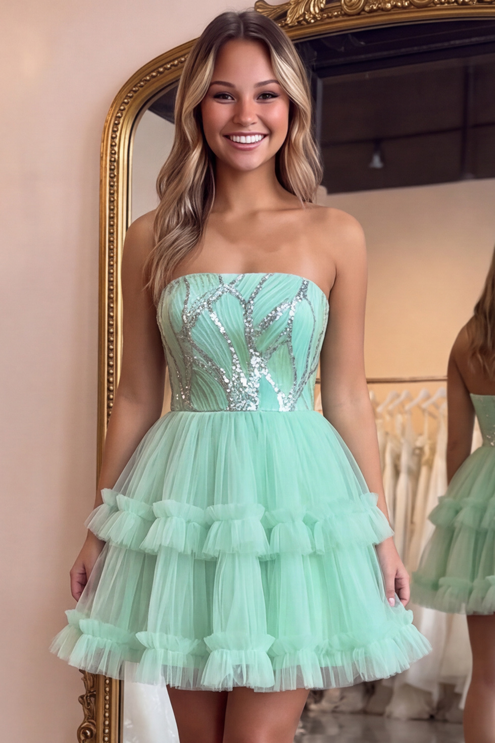Mint Green Sparkly Sequin Strapless Ruffled Short Homecoming Dress