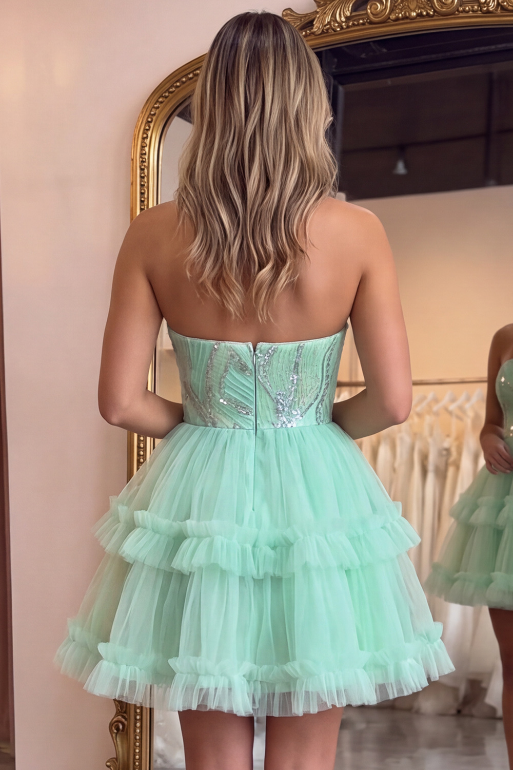 Mint Green Sparkly Sequin Strapless Ruffled Short Homecoming Dress