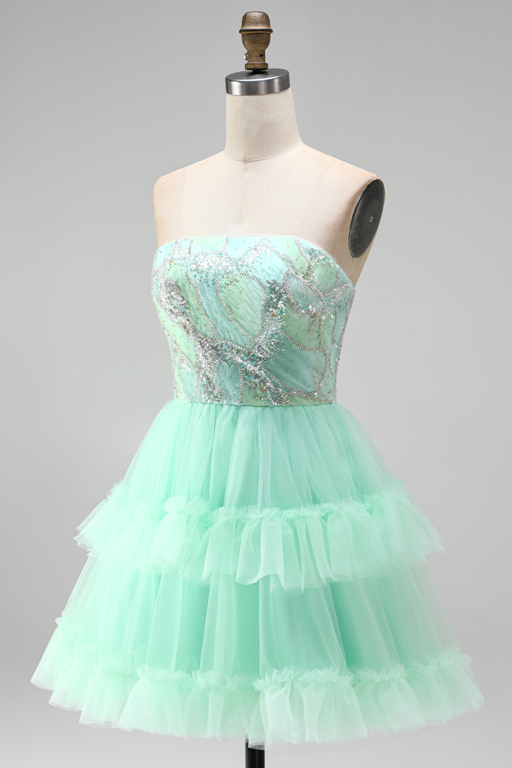 Mint Green Sparkly Sequin Strapless Ruffled Short Homecoming Dress