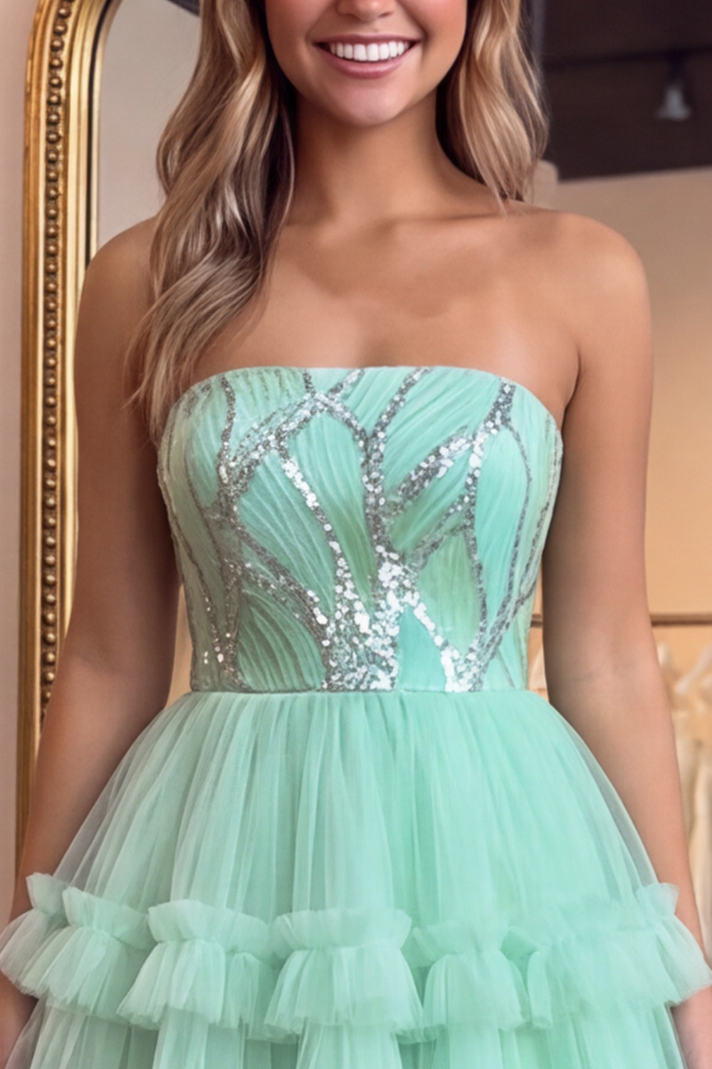 Mint Green Sparkly Sequin Strapless Ruffled Short Homecoming Dress