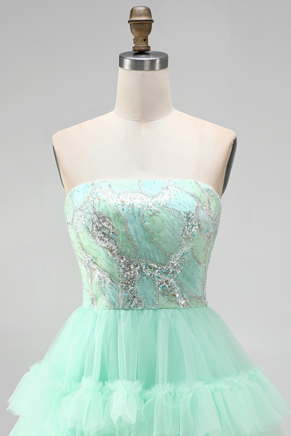 Mint Green Sparkly Sequin Strapless Ruffled Short Homecoming Dress