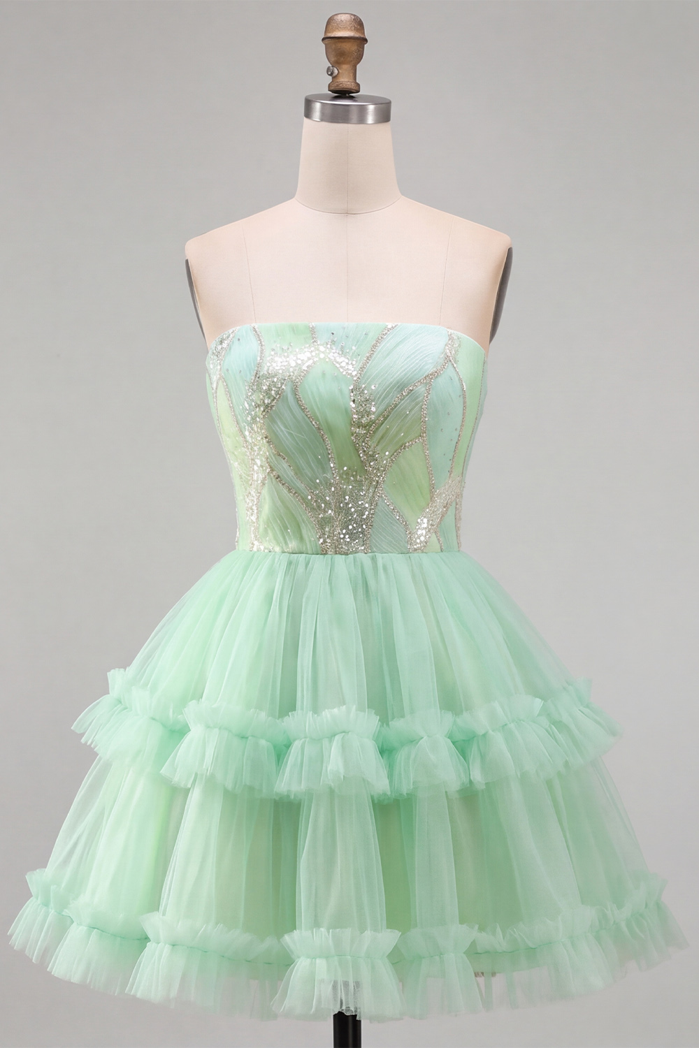 Mint Green Sparkly Sequin Strapless Ruffled Short Homecoming Dress