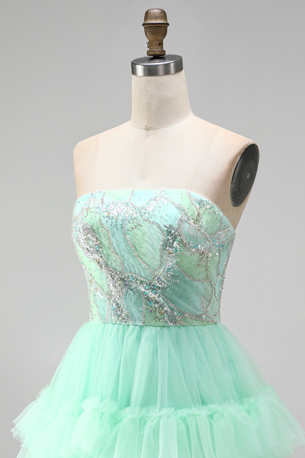 Mint Green Sparkly Sequin Strapless Ruffled Short Homecoming Dress