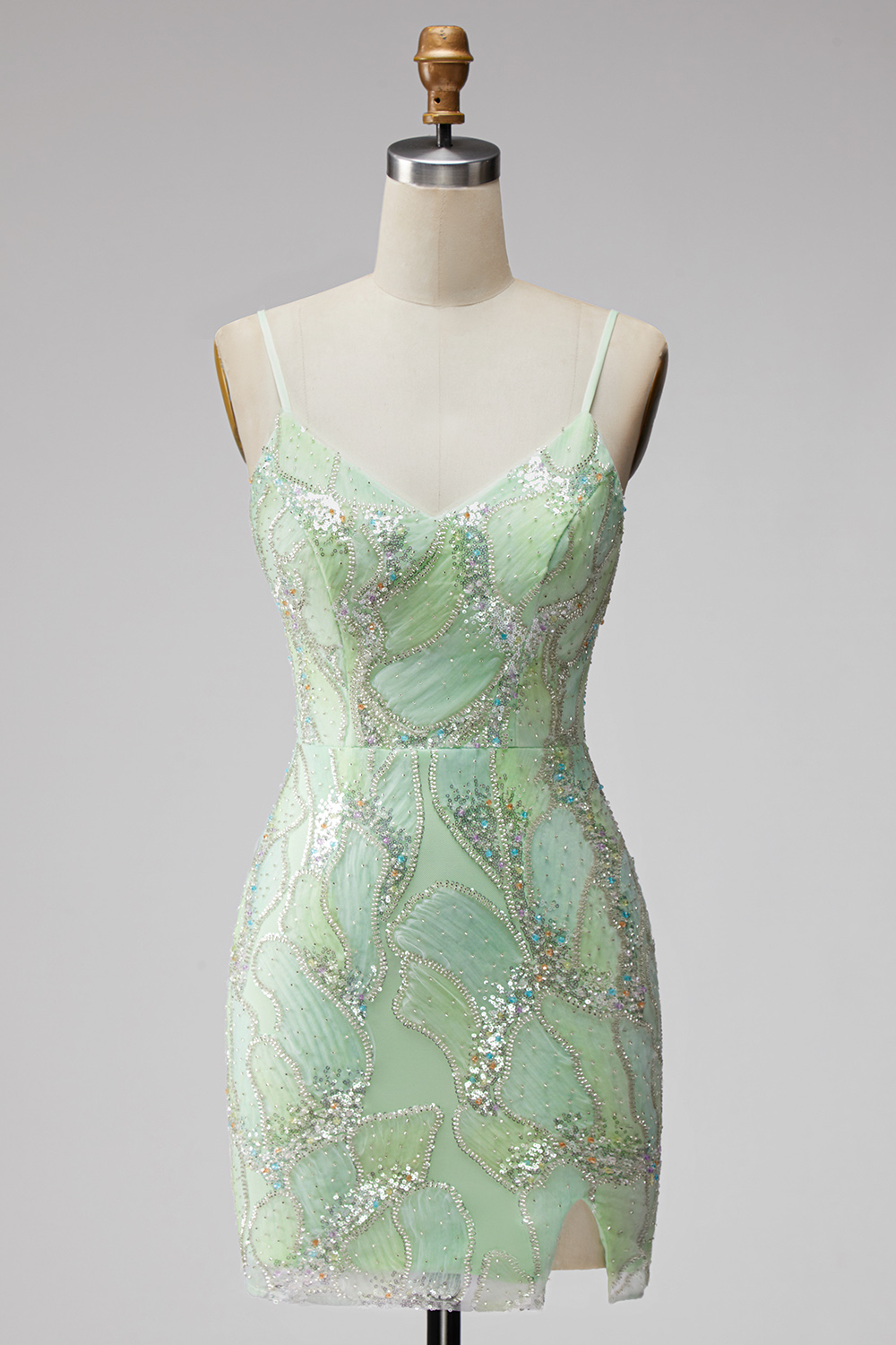Mint Green Sparkly Sequin Tight Short Homecoming Dress with Slit