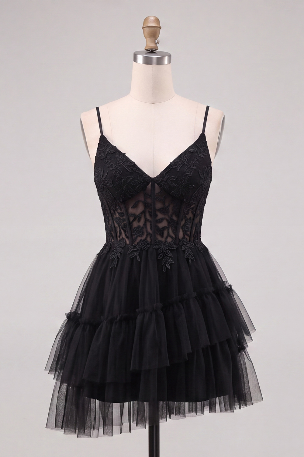 Pink Corset Tiered Spaghetti Straps Short Homecoming Dress with Appliques