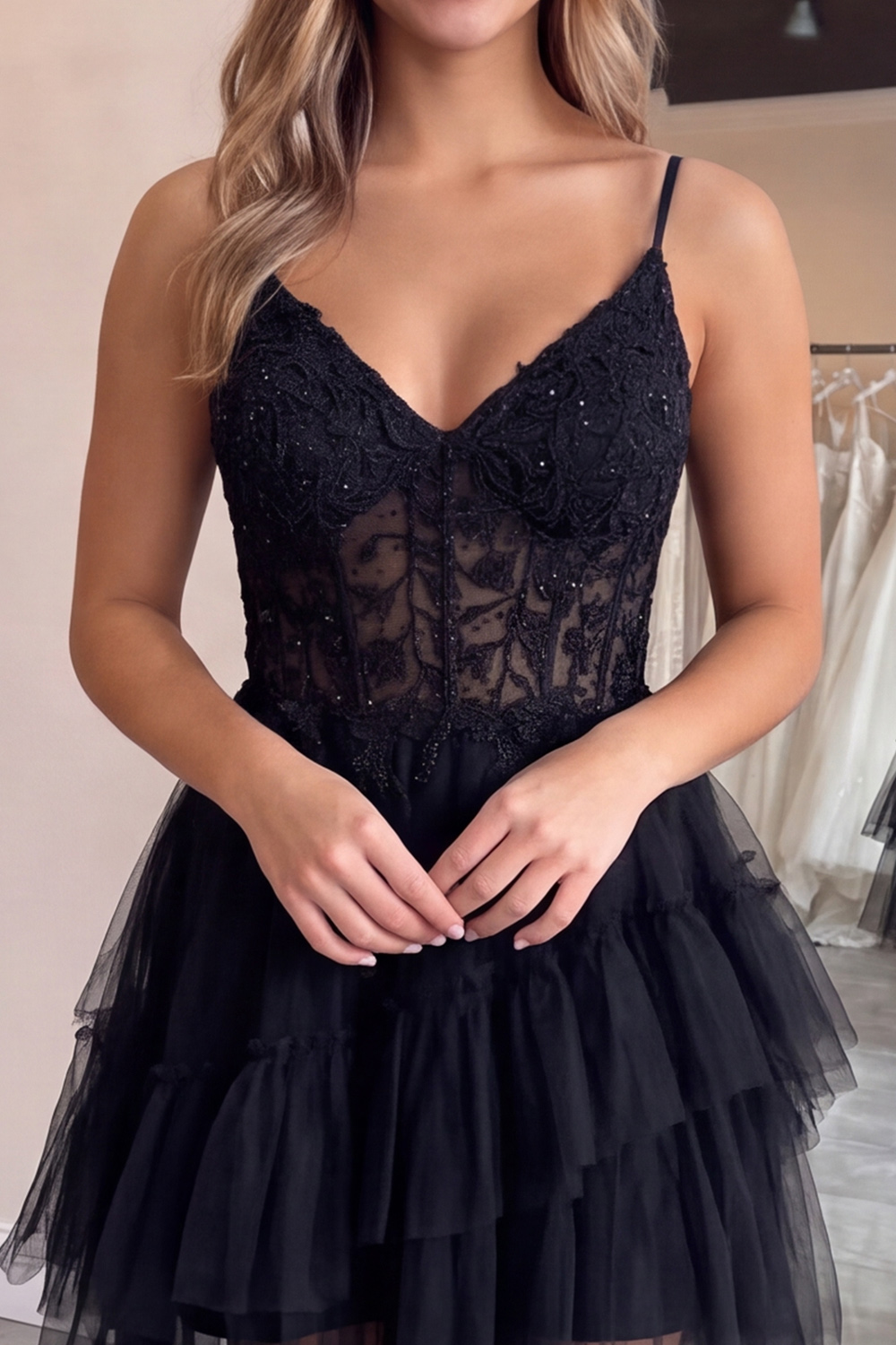 Pink Corset Tiered Spaghetti Straps Short Homecoming Dress with Appliques