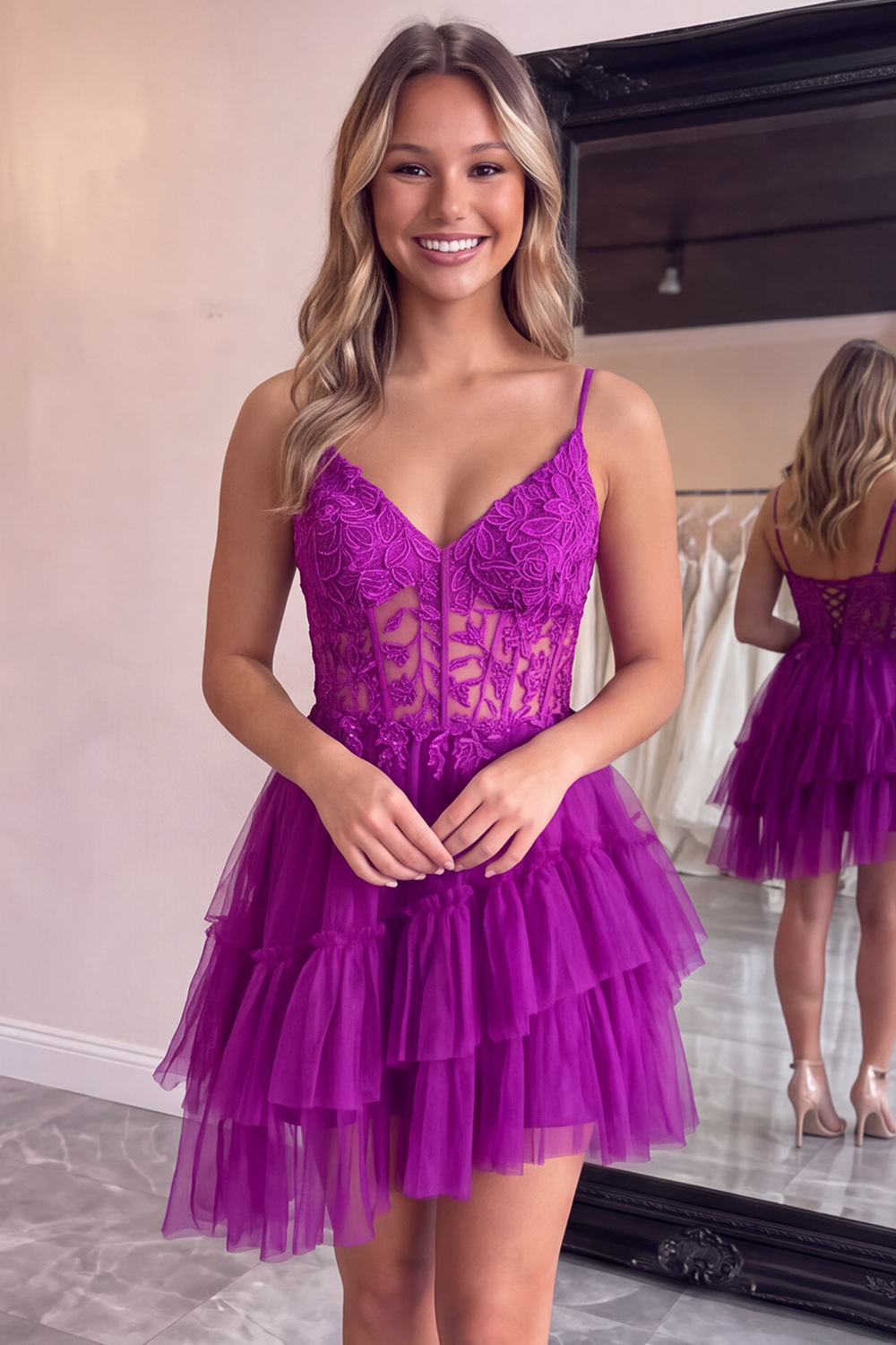 Pink Corset Tiered Spaghetti Straps Short Homecoming Dress with Appliques