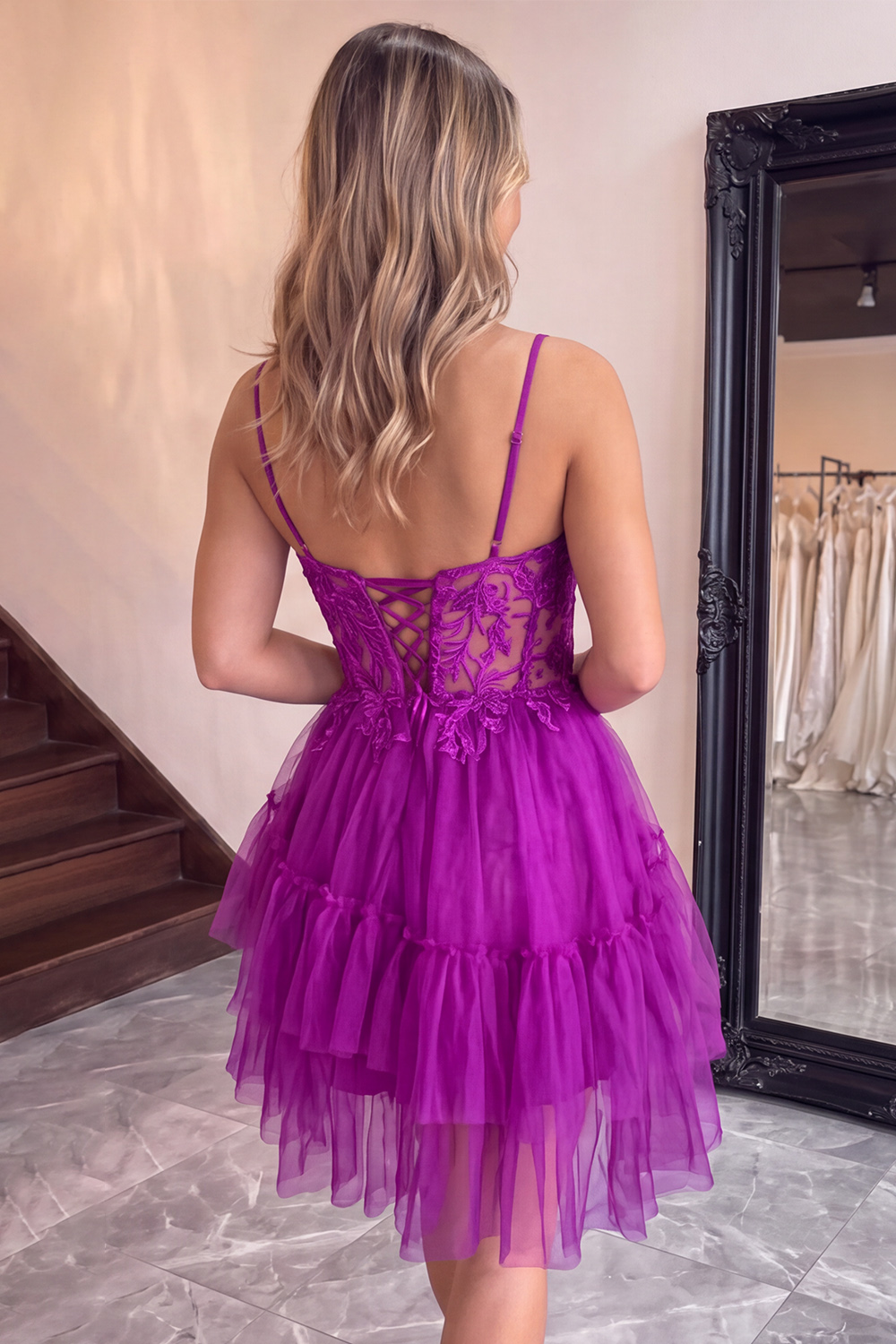 Pink Corset Tiered Spaghetti Straps Short Homecoming Dress with Appliques