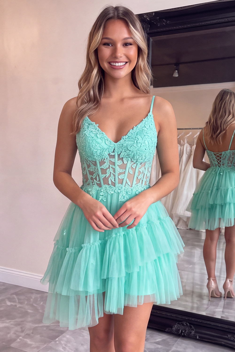 Pink Corset Tiered Spaghetti Straps Short Homecoming Dress with Appliques