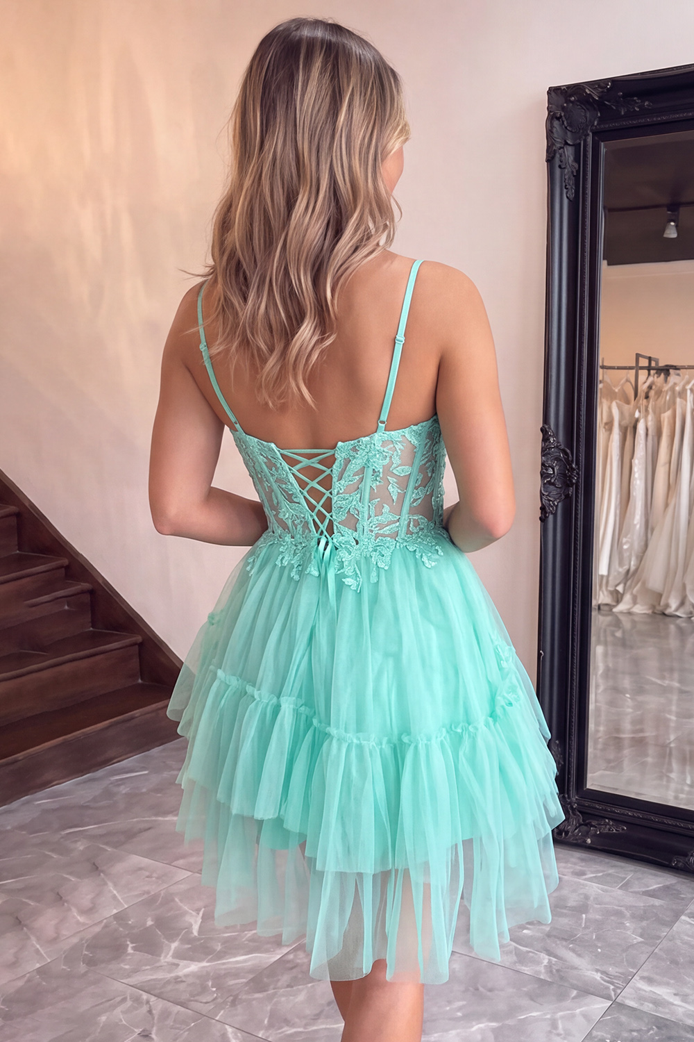 Pink Corset Tiered Spaghetti Straps Short Homecoming Dress with Appliques