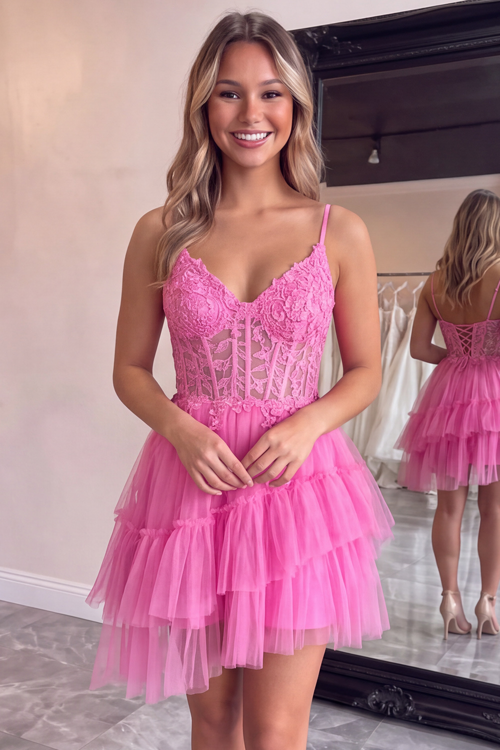 Pink Corset Tiered Spaghetti Straps Short Homecoming Dress with Appliques