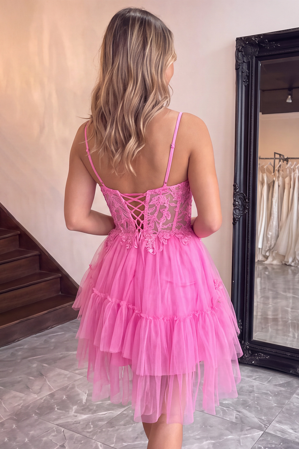 Pink Corset Tiered Spaghetti Straps Short Homecoming Dress with Appliques