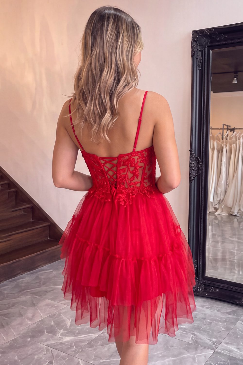 Pink Corset Tiered Spaghetti Straps Short Homecoming Dress with Appliques