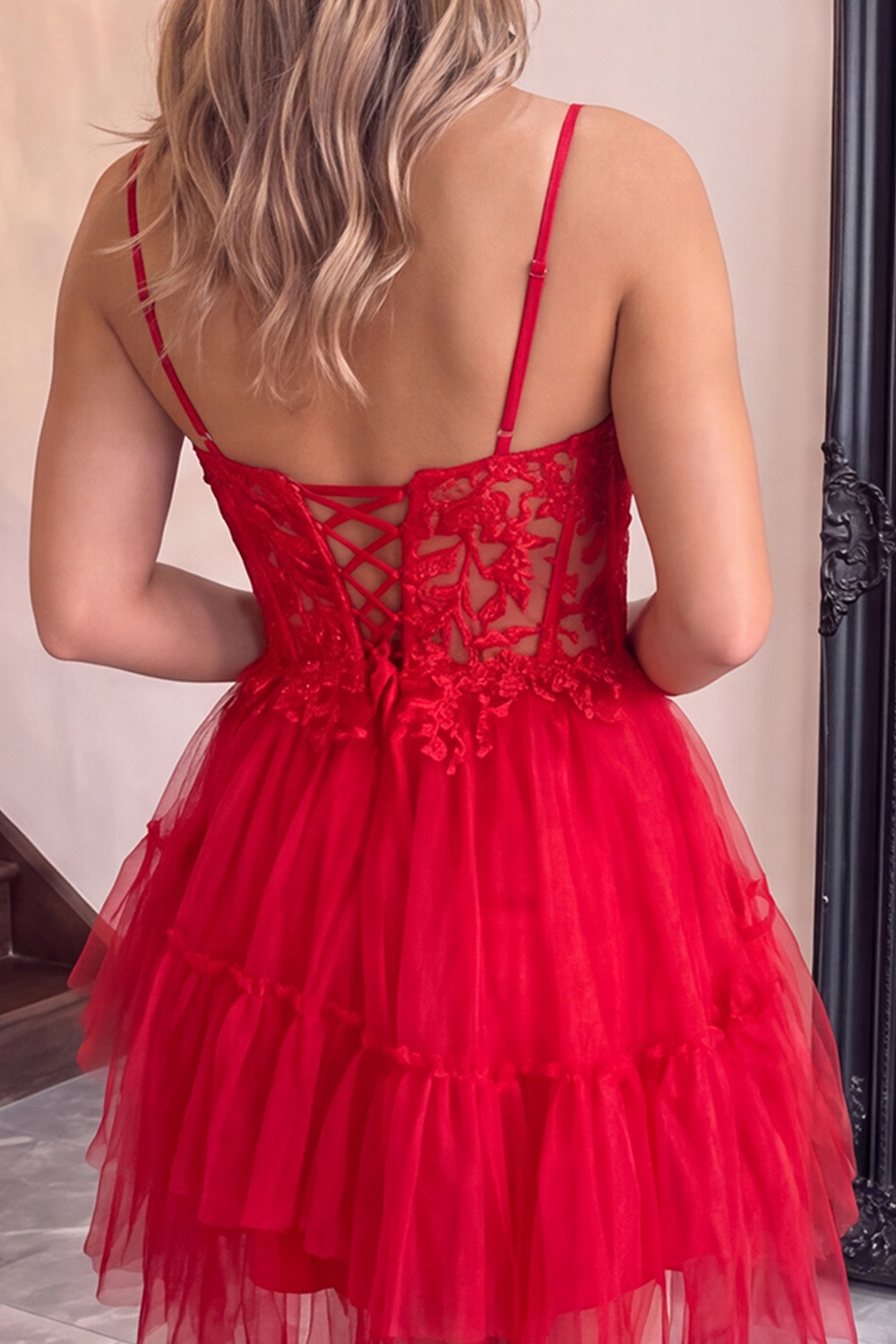Pink Corset Tiered Spaghetti Straps Short Homecoming Dress with Appliques