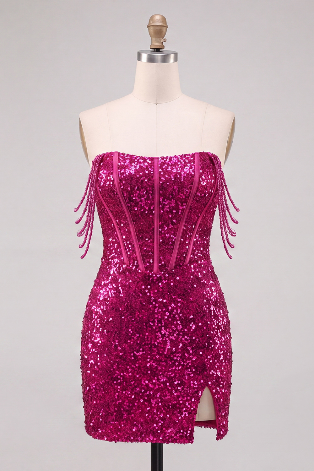 Fuchsia Corset Sparkly Beaded Sequins Short Homecoming Dress with Slit