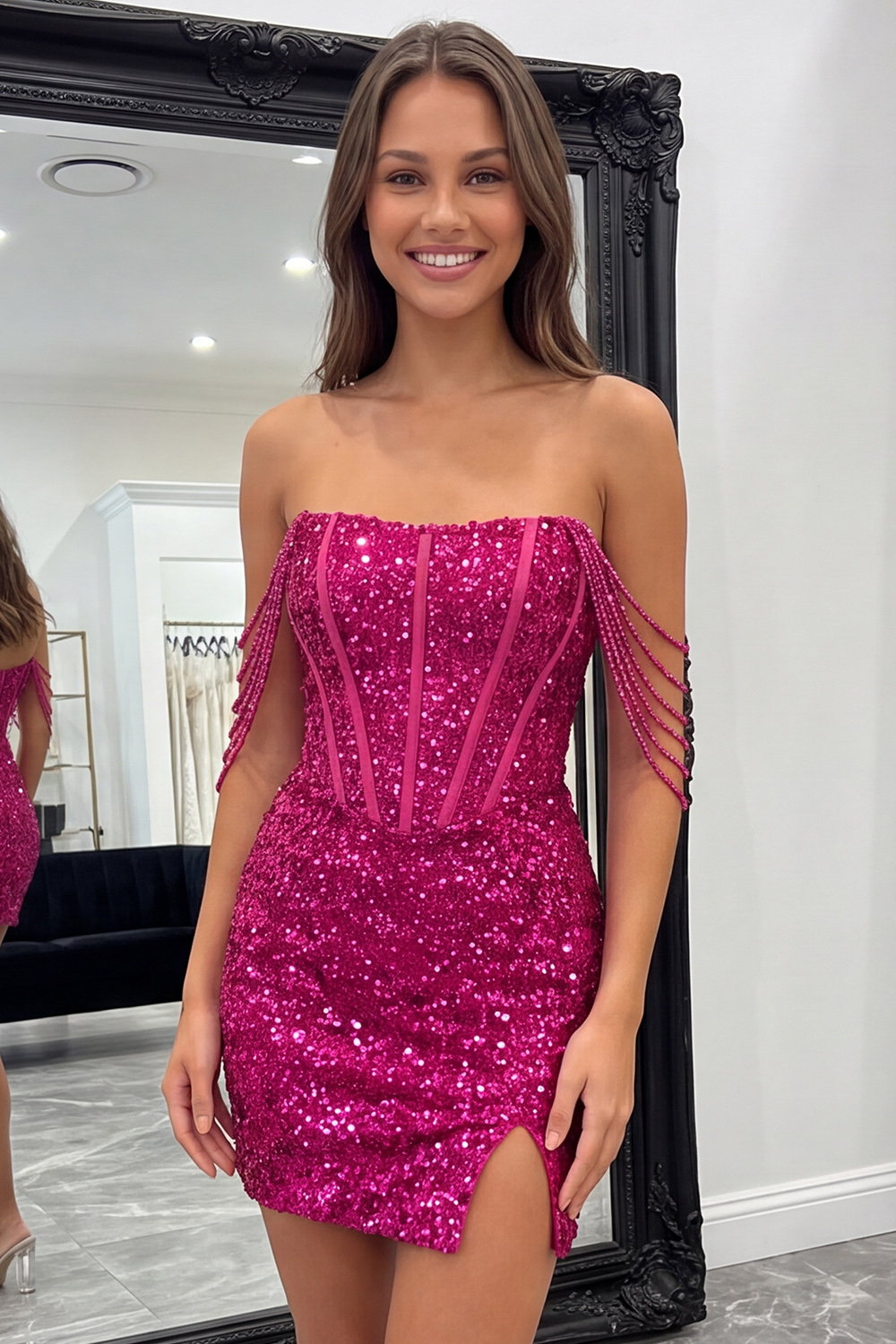Fuchsia Corset Sparkly Beaded Sequins Short Homecoming Dress with Slit