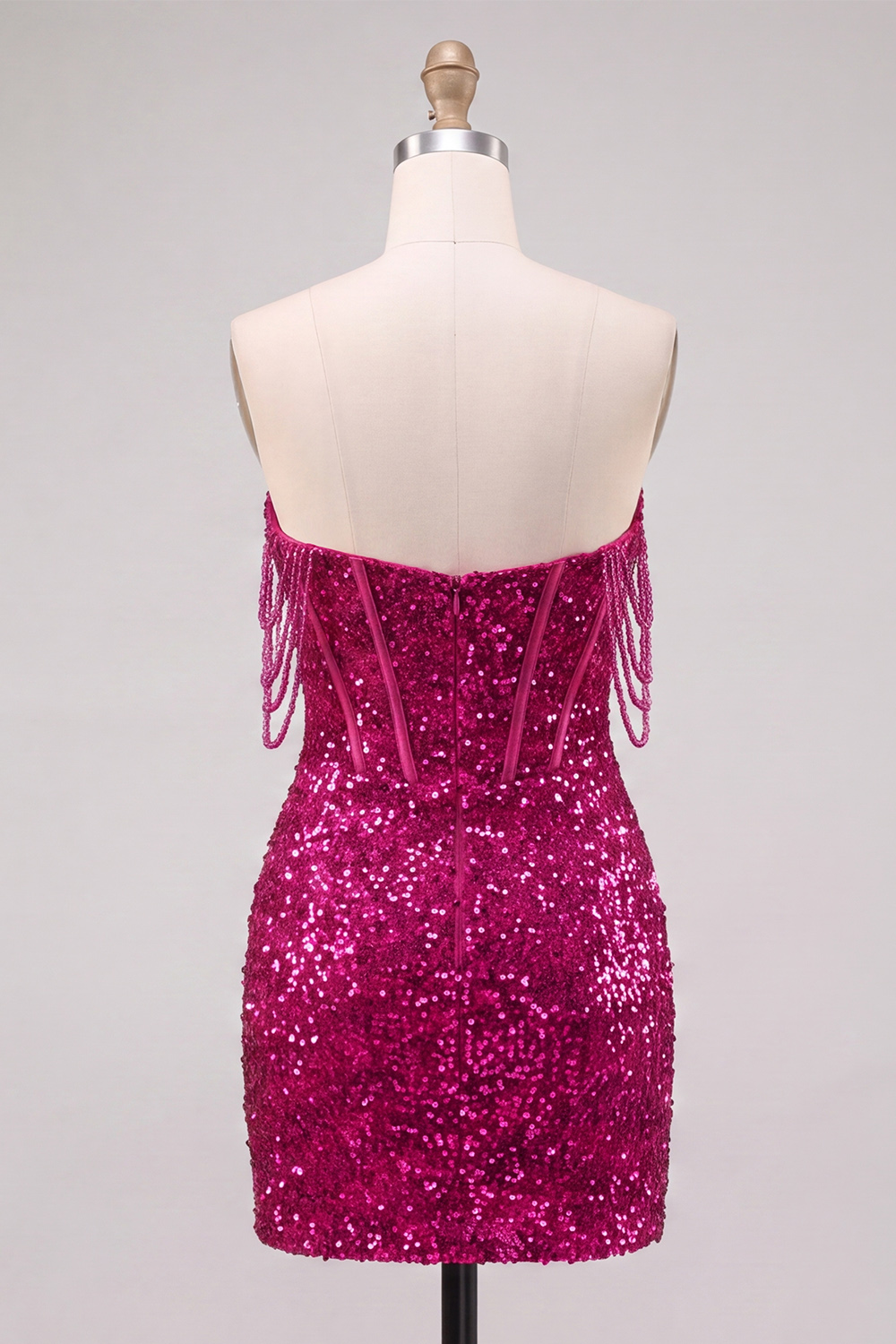 Fuchsia Corset Sparkly Beaded Sequins Short Homecoming Dress with Slit