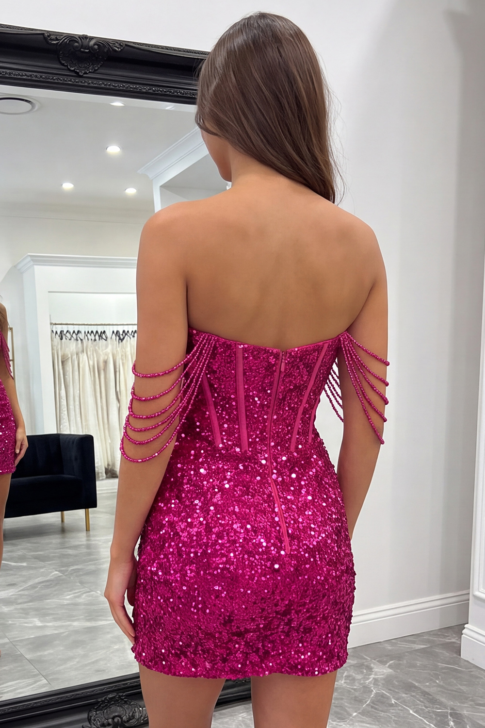 Fuchsia Corset Sparkly Beaded Sequins Short Homecoming Dress with Slit