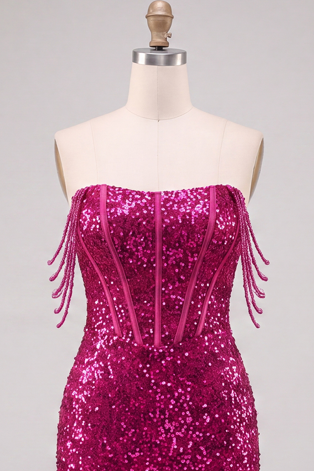 Fuchsia Corset Sparkly Beaded Sequins Short Homecoming Dress with Slit