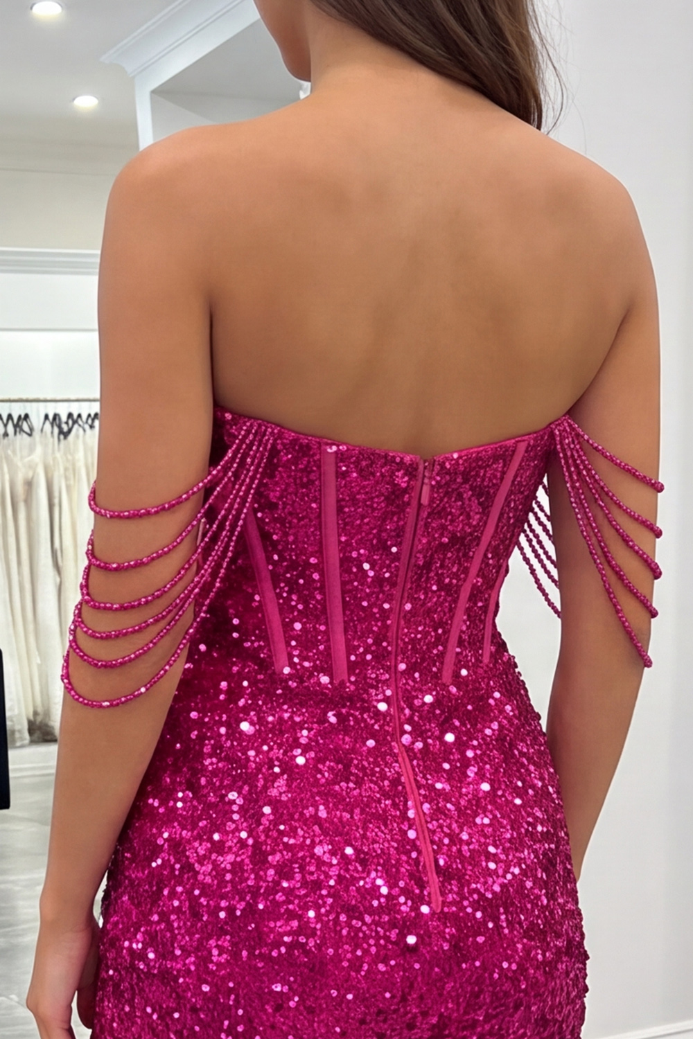 Fuchsia Corset Sparkly Beaded Sequins Short Homecoming Dress with Slit