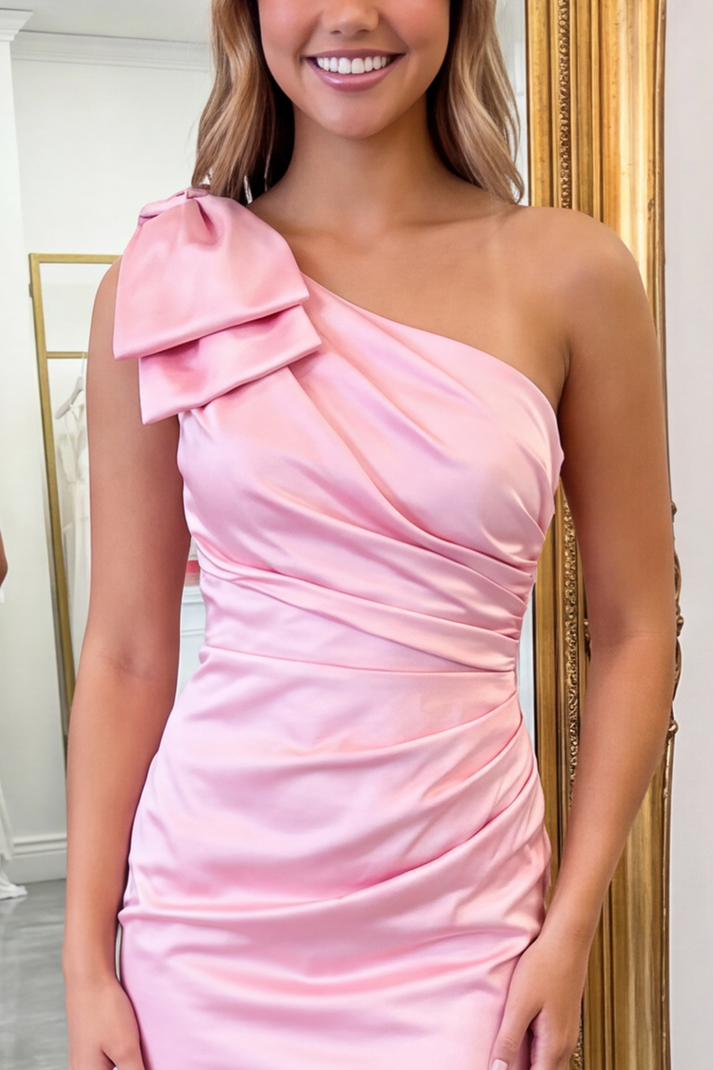 Pink Bodycon One Shoulder Ruched Short Homecoming Dress with Bow