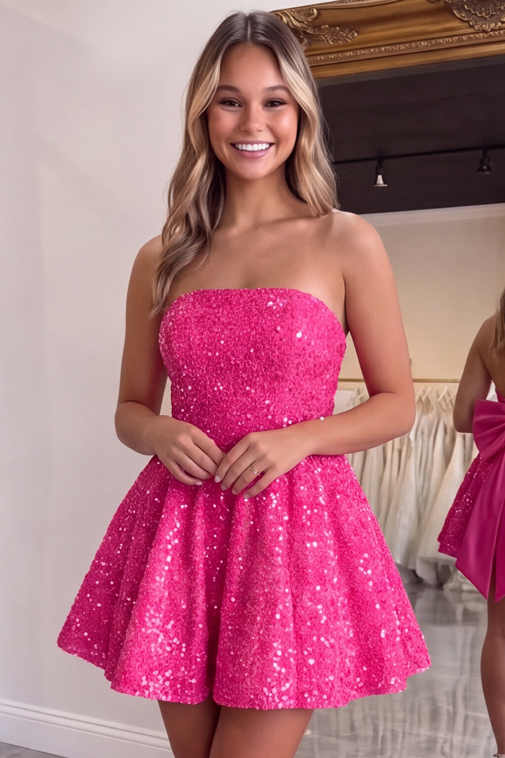 Black Sparkly Strapless A-Line Short Sequin Homecoming Dress with Bow
