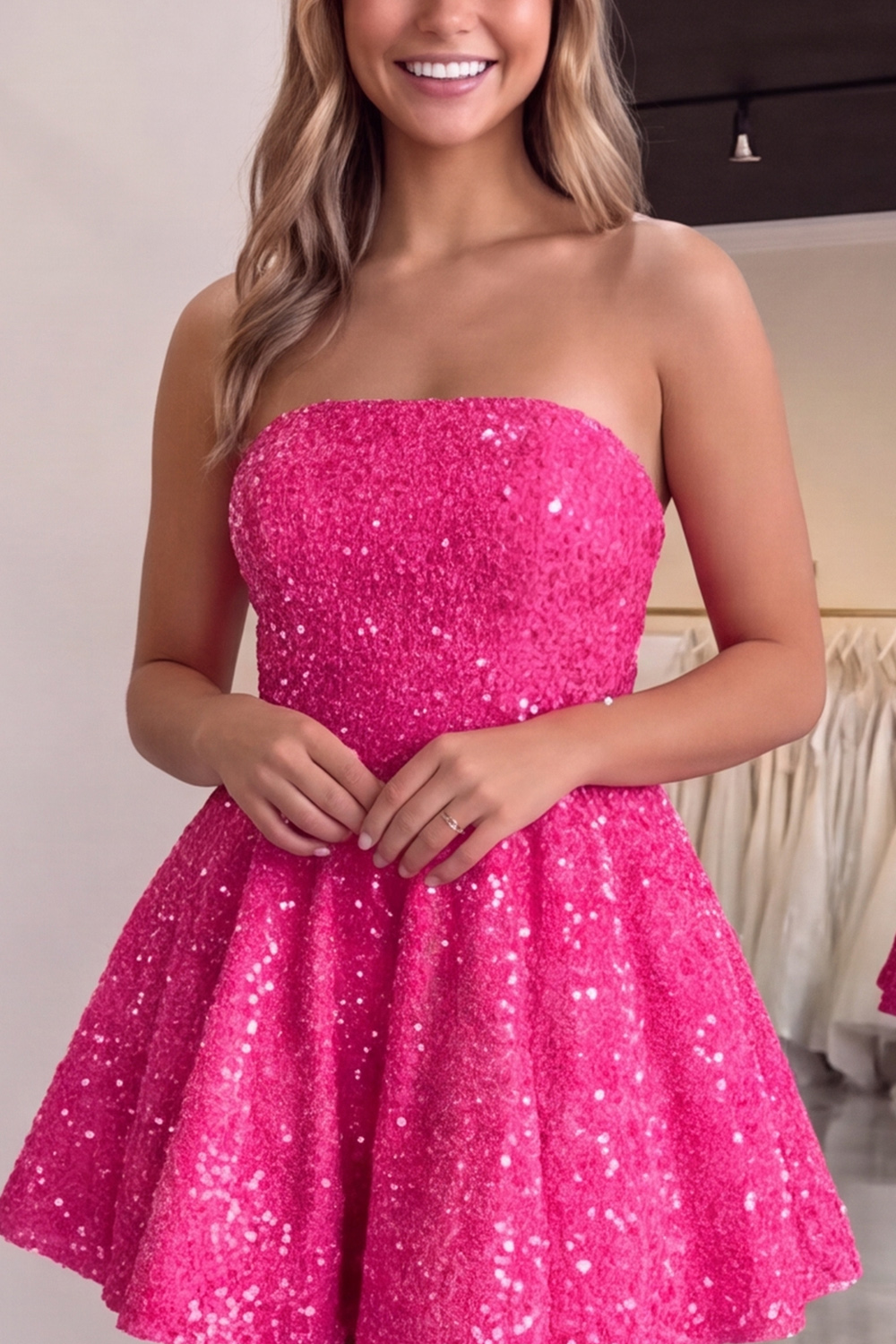 Black Sparkly Strapless A-Line Short Sequin Homecoming Dress with Bow