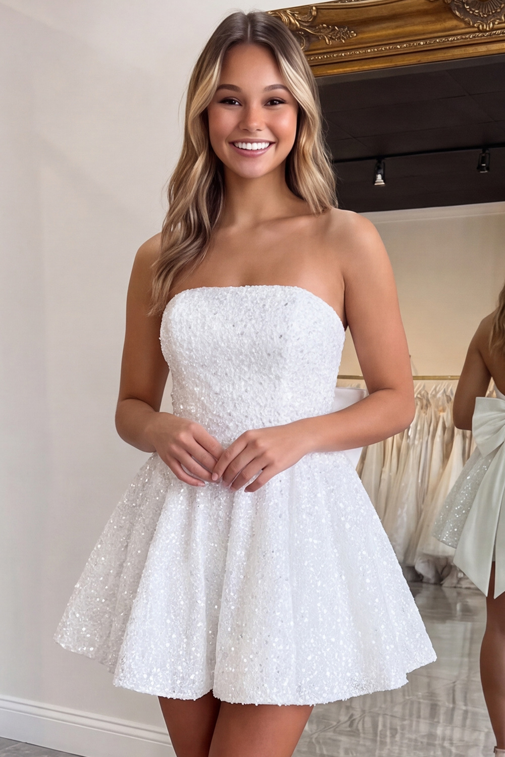 Black Sparkly Strapless A-Line Short Sequin Homecoming Dress with Bow