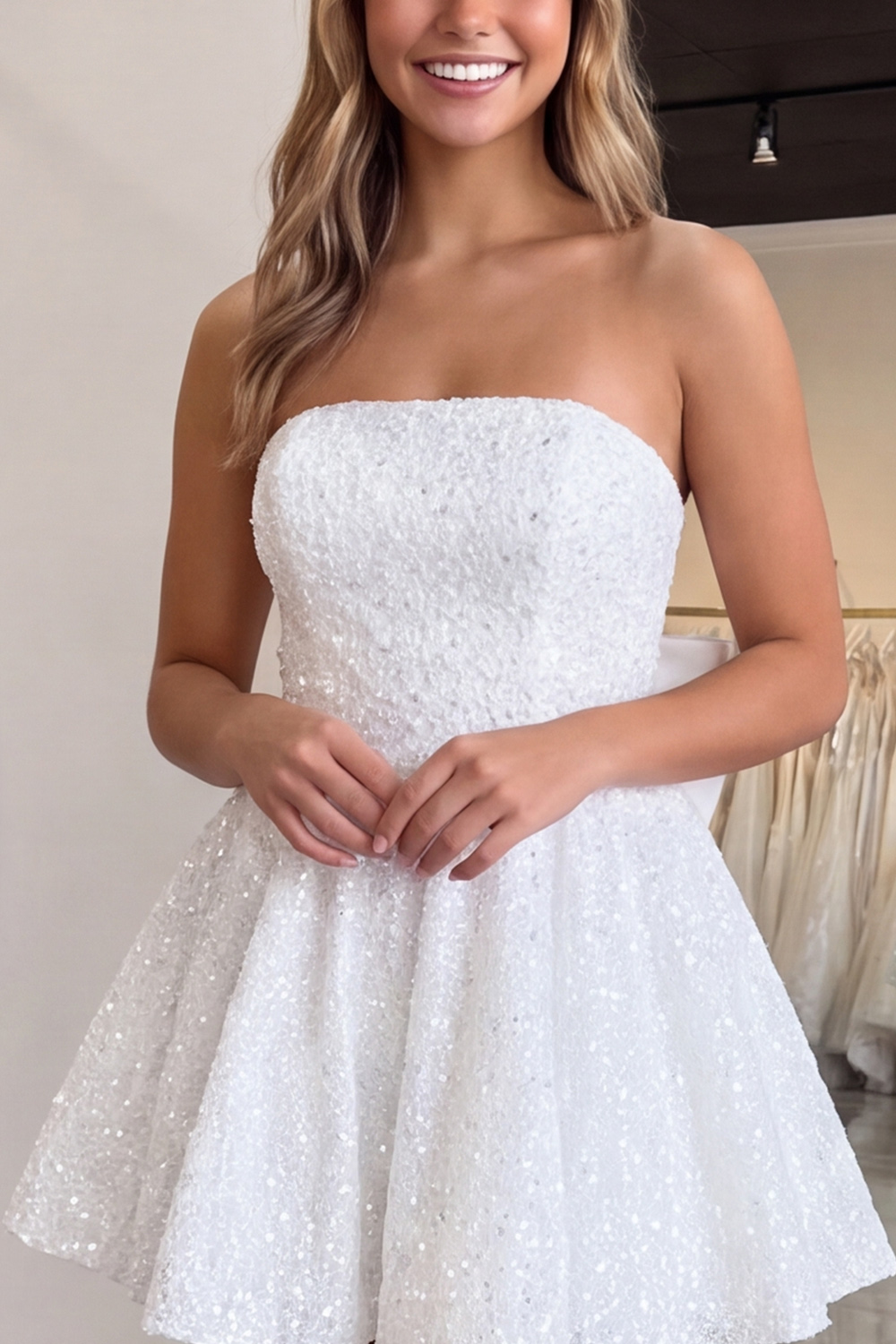 Black Sparkly Strapless A-Line Short Sequin Homecoming Dress with Bow