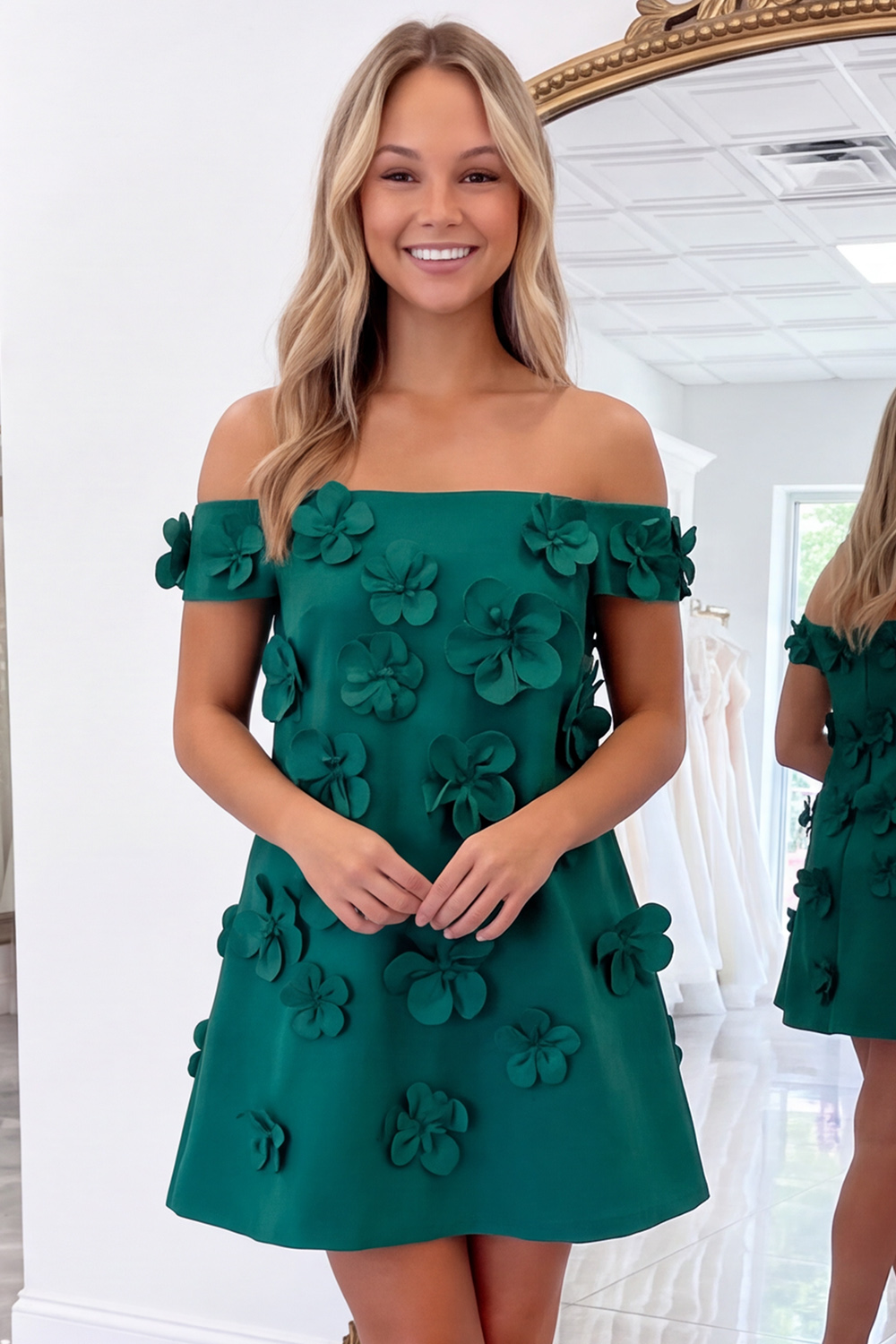 Pink Floral A-Line Off the Shoulder Short Homecoming Dress