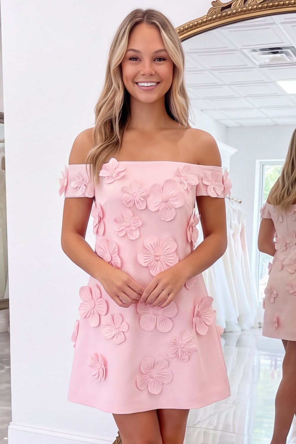 Light Pink Short Homecoming Dress with 3D Flowers A-Line Off the Shoulder Cocktail Dress
