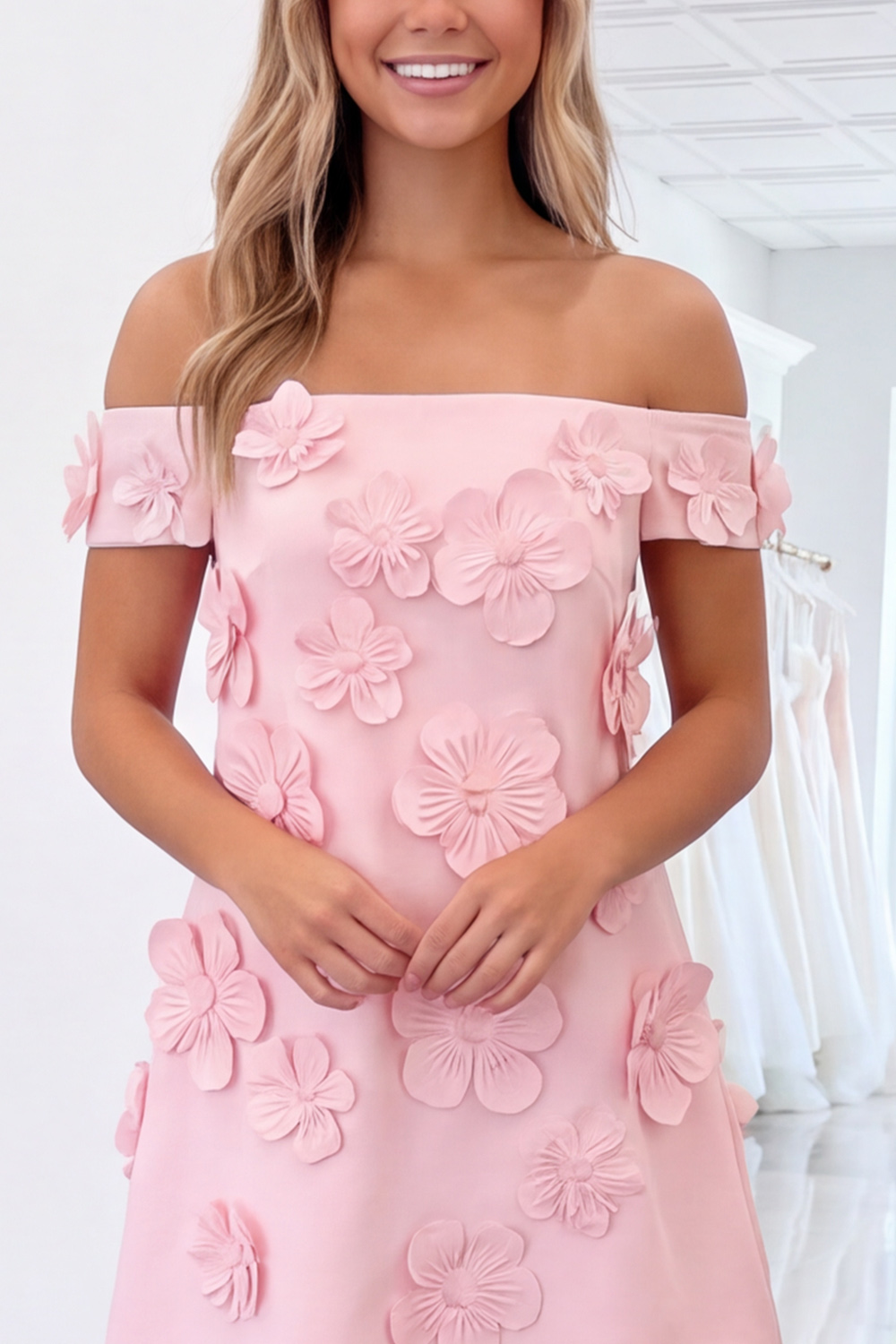 Pink Floral A-Line Off the Shoulder Short Homecoming Dress