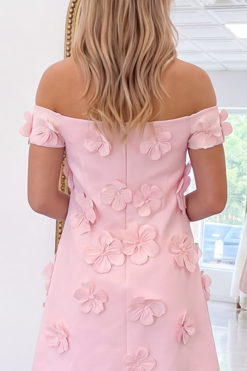 Pink Floral A-Line Off the Shoulder Short Homecoming Dress